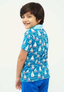 RED, BLUE AND WHITE BOAT PRINT POLO T-SHIRT