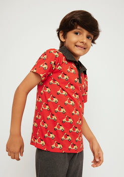 RED, BLACK AND YELLOW SCOOTER PRINT POLO T-SHIRT