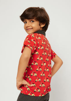 RED, BLACK AND YELLOW SCOOTER PRINT POLO T-SHIRT