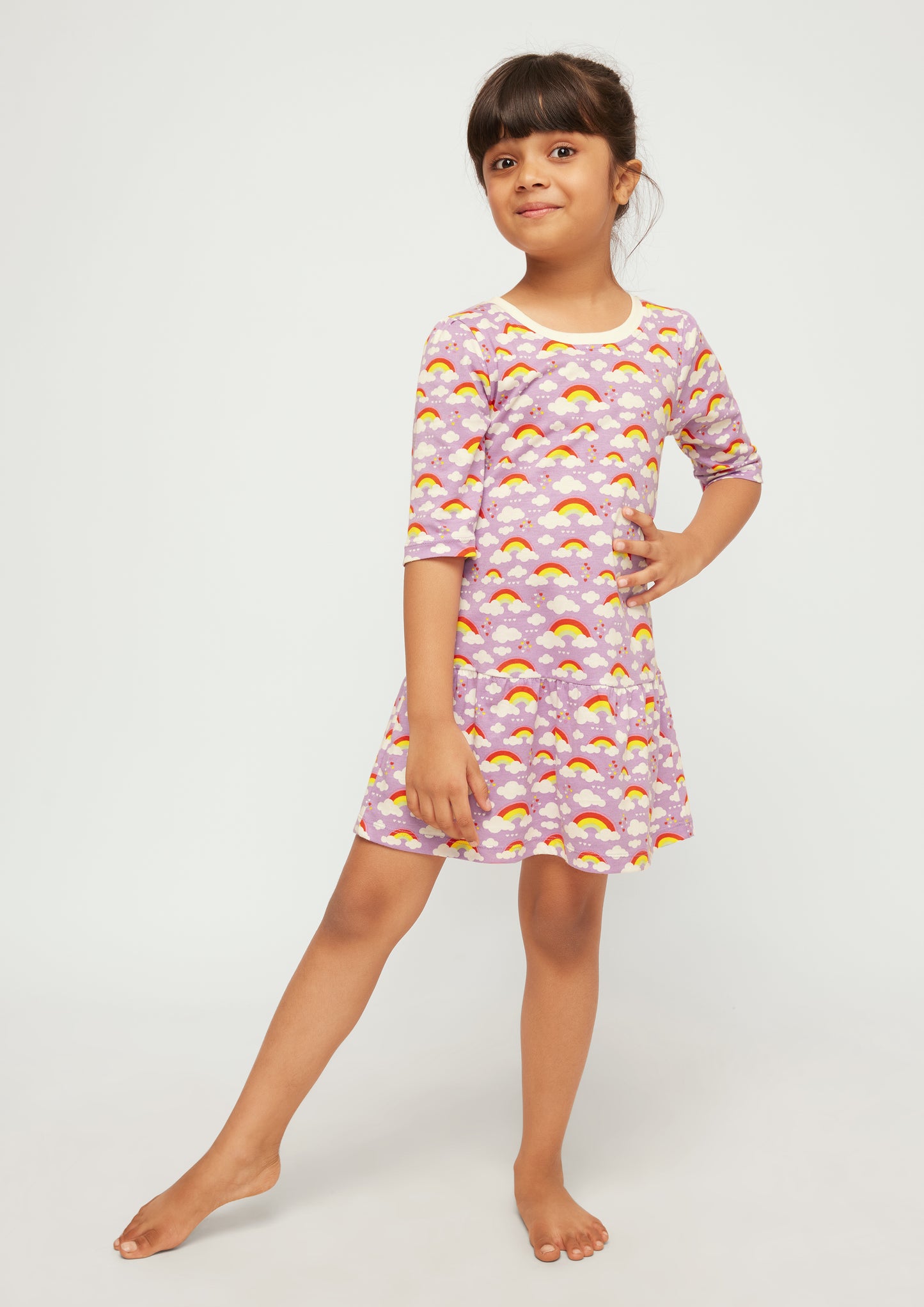 LILAC AND MULTICOLOR RAINBOW PRINT FIT AND FLARED DRESS