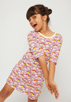 LILAC AND MULTICOLOR RAINBOW PRINT FIT AND FLARED DRESS