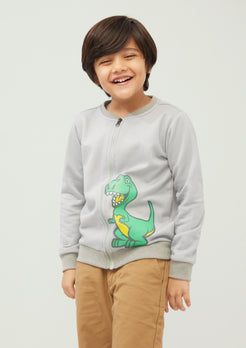Light Grey Fleece Bomber Jacket with Dino Print