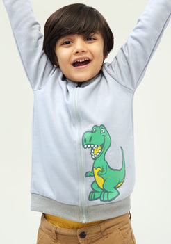 Light Grey Fleece Bomber Jacket with Dino Print