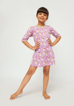 LILAC, WHITE AND RED POLAR BEAR PRINT FIT AND FLARED DRESS