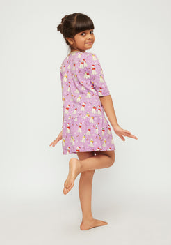 LILAC, WHITE AND RED POLAR BEAR PRINT FIT AND FLARED DRESS