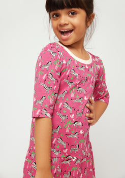 PINK, BLACK AND WHITE ZEBRA PRINT FIT AND FLARED DRESS