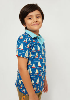 RED, BLUE AND WHITE BOAT PRINT POLO T-SHIRT