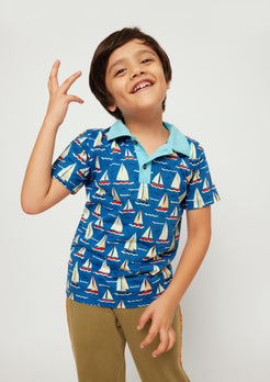 RED, BLUE AND WHITE BOAT PRINT POLO T-SHIRT