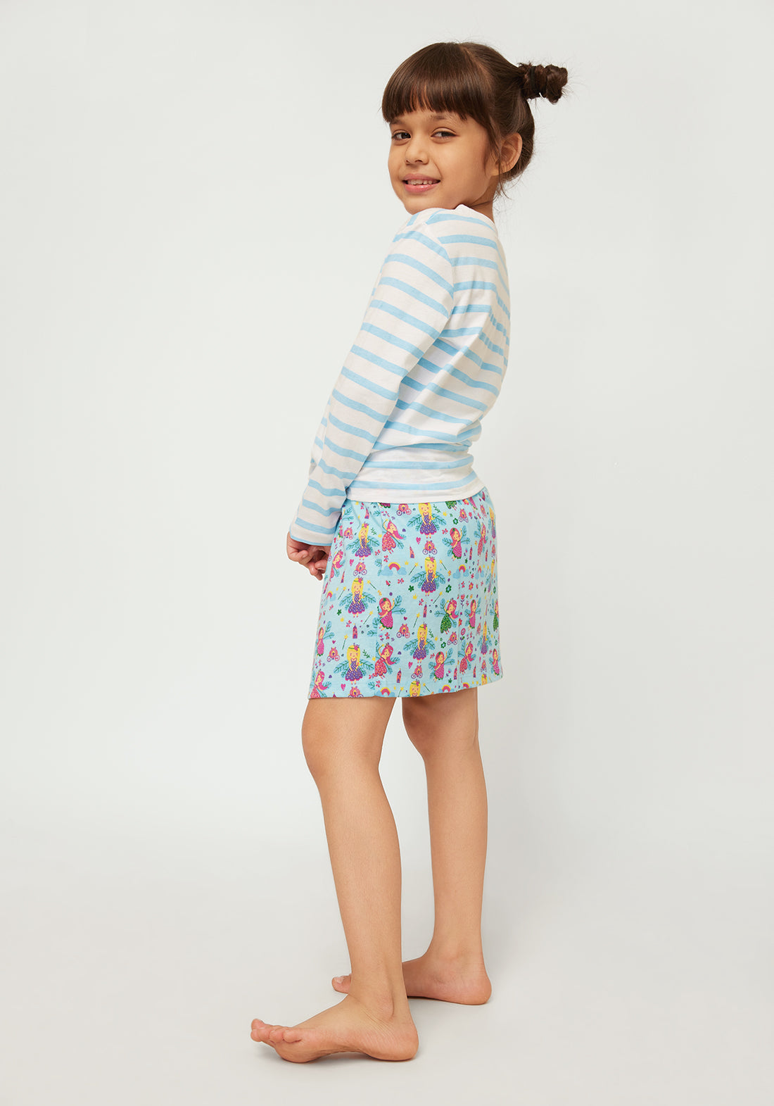 Stripe T-shirt with Multicolor Fairies Printed skirt co-ord Set