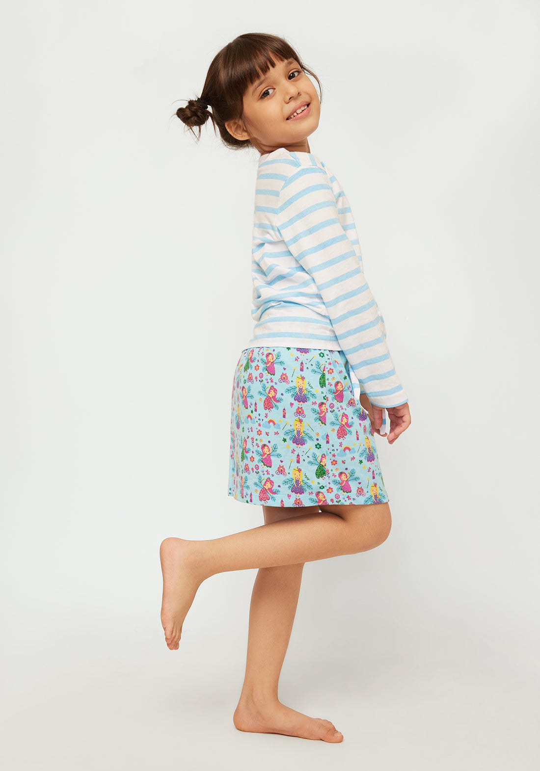 Stripe T-shirt with Multicolor Fairies Printed skirt co-ord Set