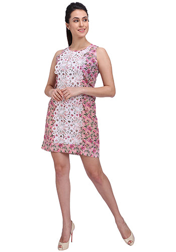 Pink floral cotton shift dress with lace detail