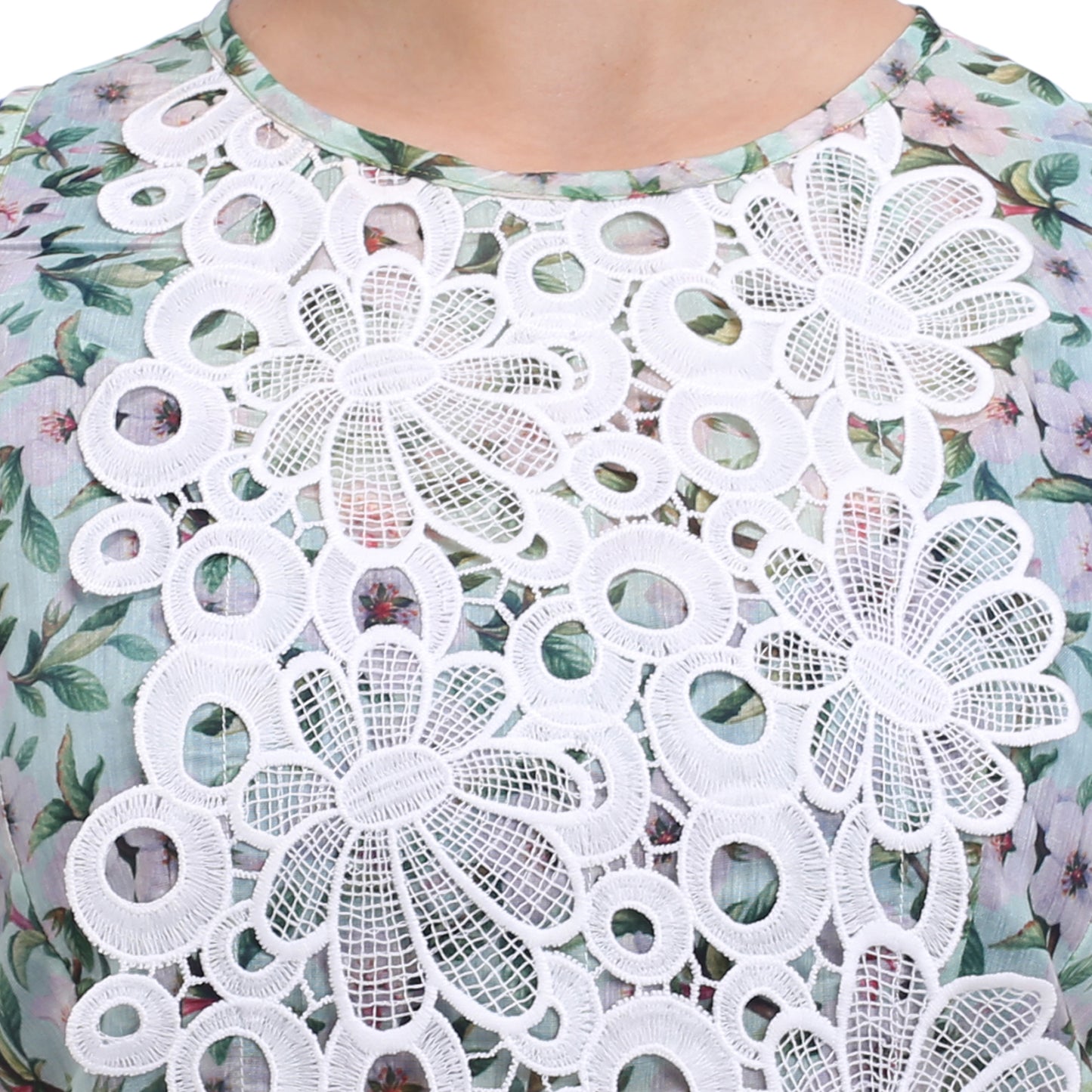 Aqua floral cotton dress with lace detail