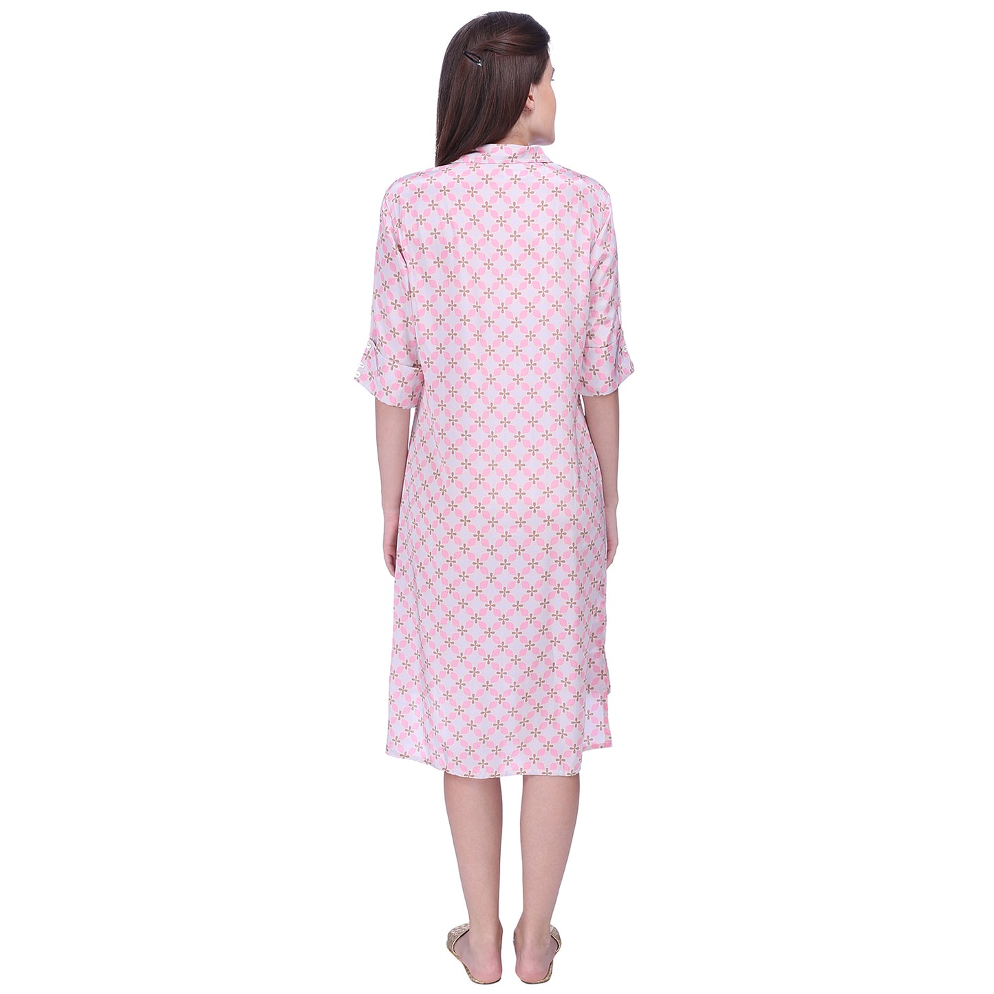 Geometric print brown and pink crepe shirt dress with roll up sleeves and long short hem