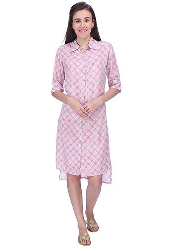 Geometric print brown and pink crepe shirt dress with roll up sleeves and long short hem