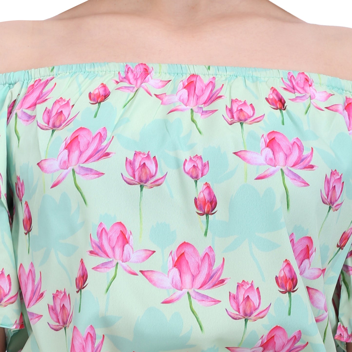 Lotus Print Off Shoulder Dress With Sash
