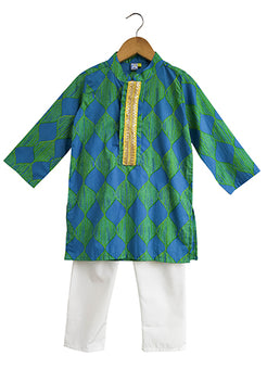 Teal And Yellow Fishtail Boys Kurta