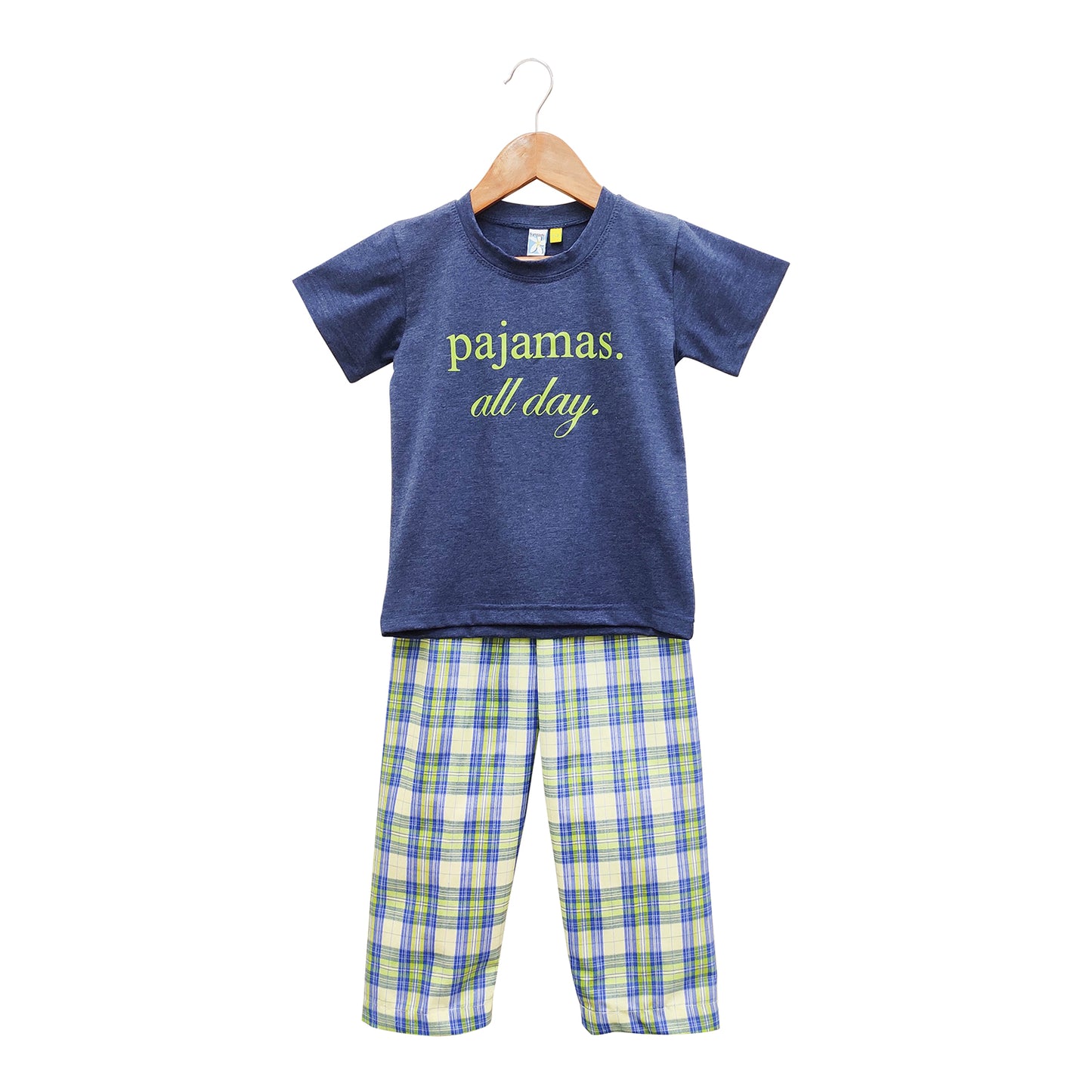 Navy Printed Jersey Tee With Blue And Green Checked Pajamas Night Wear Set