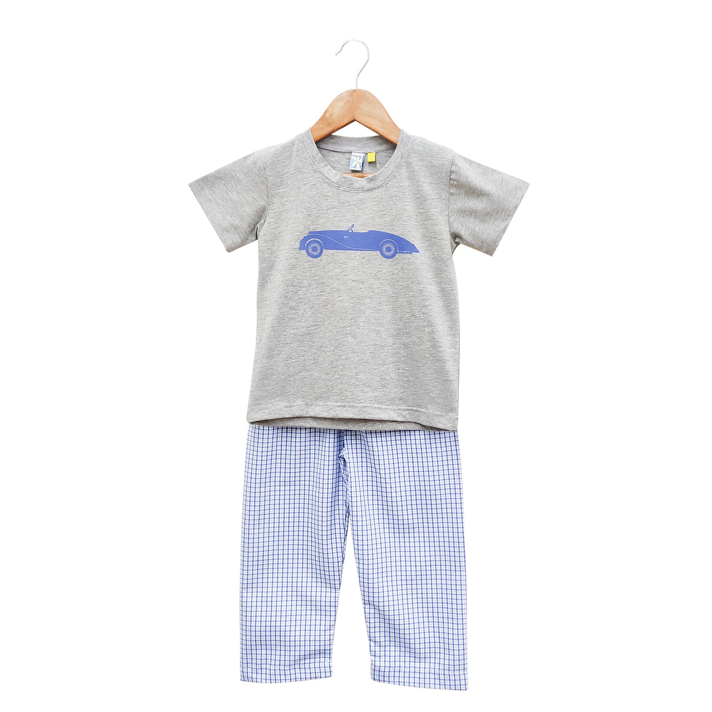 Grey Jersey Printed Tee With Blue Checked Pajamas Night Wear Set