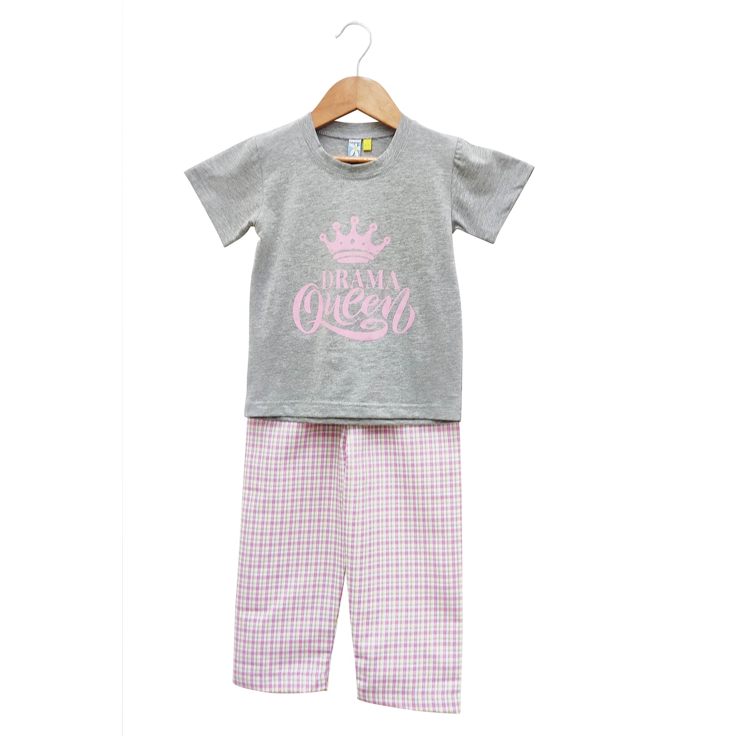 Grey Jersey Printed Tee With Pink Checked Pajamas Night Wear Set