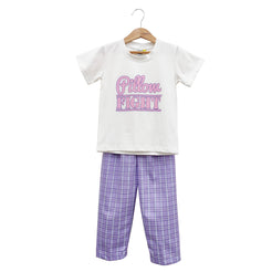 White Jersey Printed Tee With Purple Checked Pajamas Night Wear Set