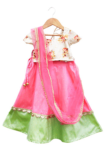 Hot Pink And Aqua Silk Ghagra With Floral Printed Blouse Set For Girls